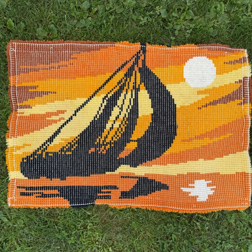 Vintage Latch Hook‎ Rug 35x24 Orange Sailboat Sunset Retro 70s Wall Hanging